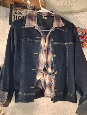 Women's Dark Blue Denim Jacket with Plaid Trim